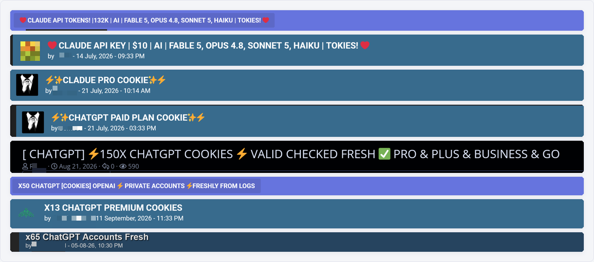 Recent underground listings for AI API keys and session cookies.