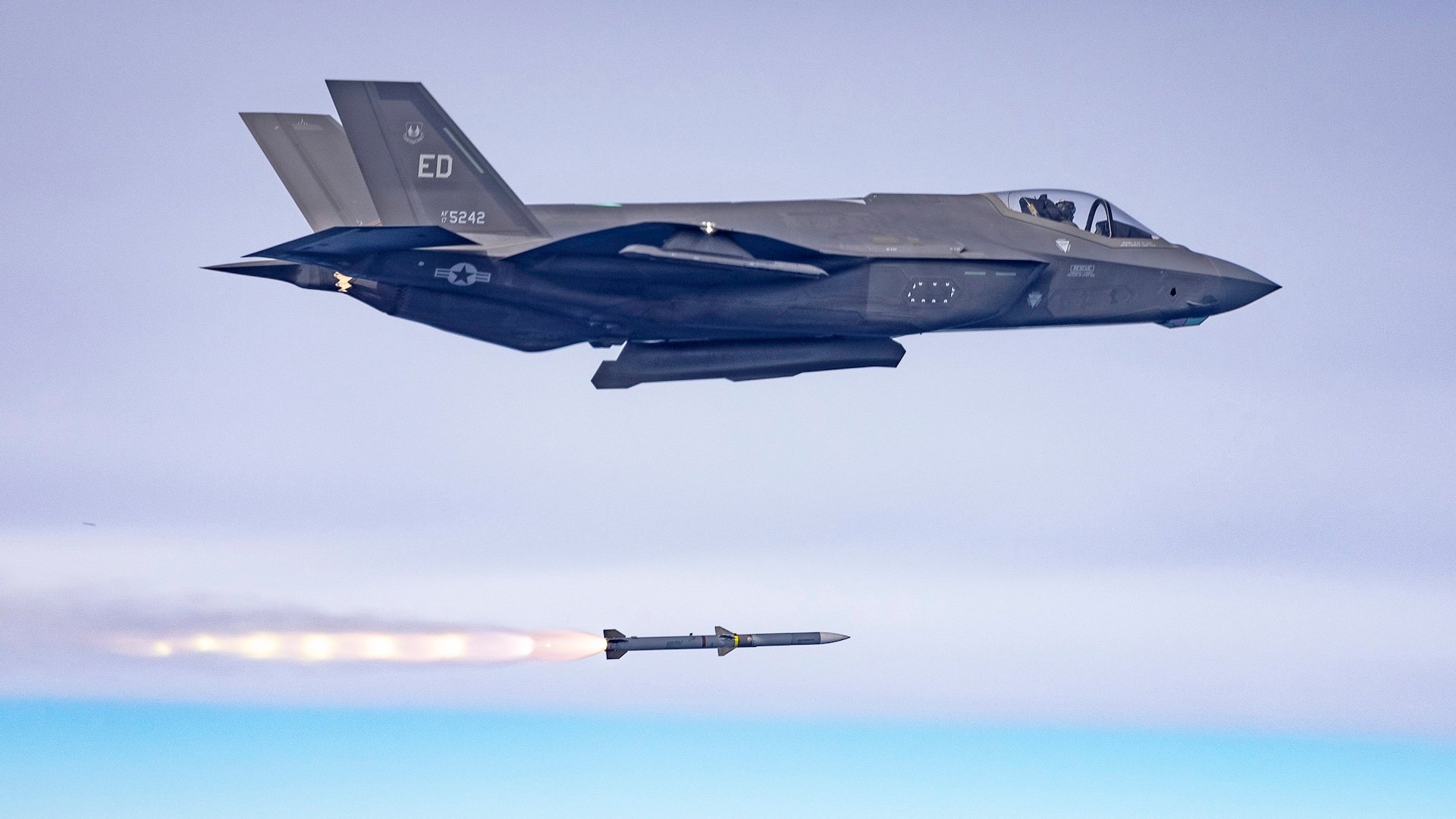 An F-35A with the 461st Flight Test Squadron, 412th Test Wing, conducts a TR-3 AIM-120 live fire mission over the Pacific Test Range on January 22, 2025. The F-35 Integrated Test Force at Edwards is responsible for developmental testing of all three F-35 aircraft variants across the joint-services.
