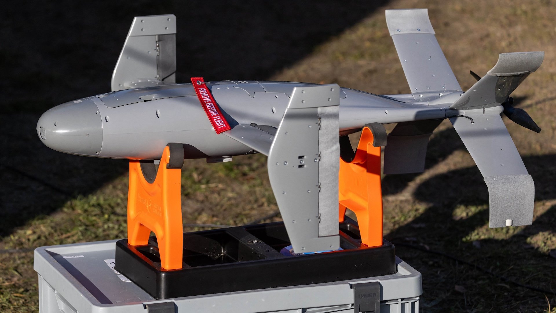 An interception drone of the American MEROPS counter drone system is seen during tests at the Nowa Deba military training ground, south-eastern Poland, on November 18, 2025.